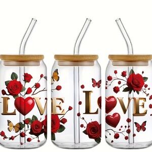 Love Heart Glass Tumbler with Straw